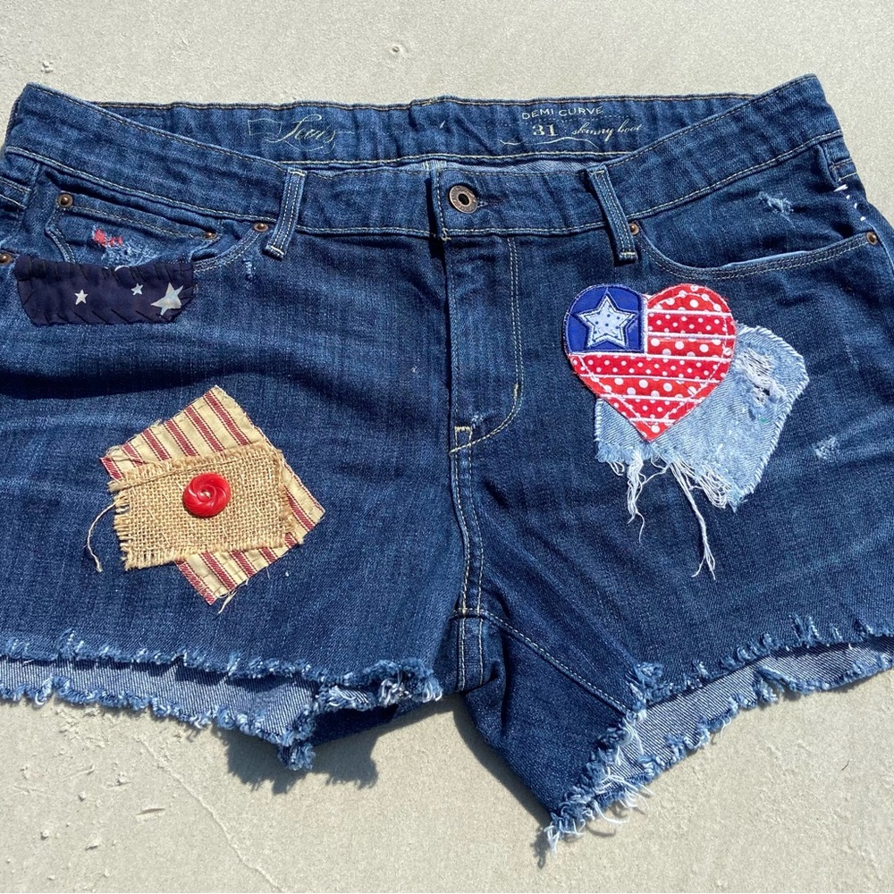 Levi's 501 Blue Jean Shorts with Distressed Hem and Patriotic Patchwork